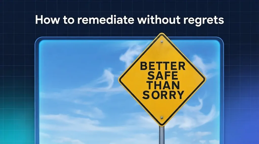 A yellow 'Better Safe Than Sorry' road sign set against a blue sky, representing remediation risk management and safe cybersecurity practices.