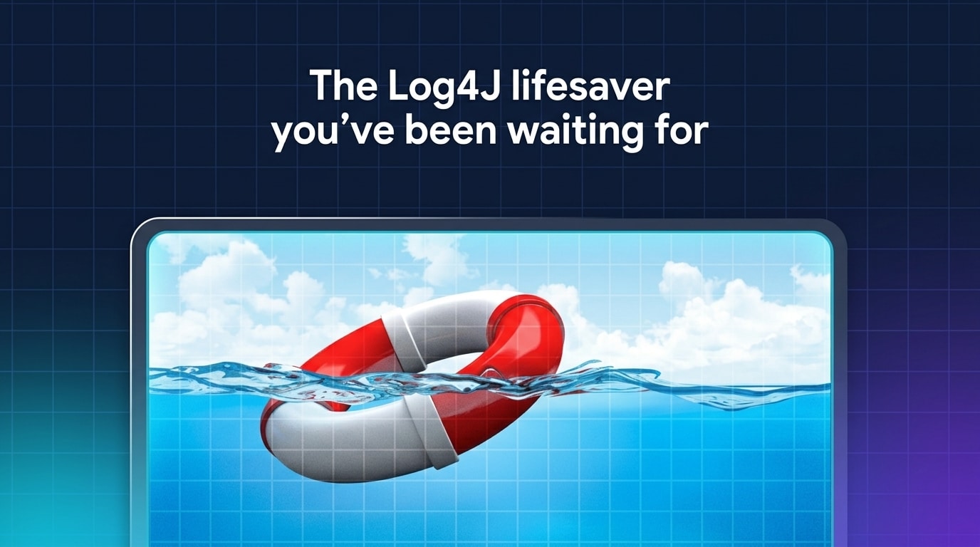3D illustration of a red and white life buoy floating on blue water, representing Log4j remediation, featured in a sleek cybersecurity template with the text 'The Log4J lifesaver you've been waiting for'