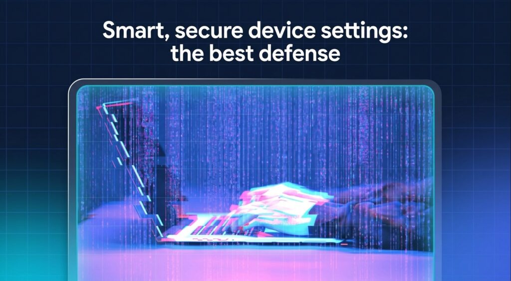 A person uses a laptop surrounded by digital code and glitch effects, with text reading: “Smart, secure device settings: the best defense” to support NCSC CAF standards.