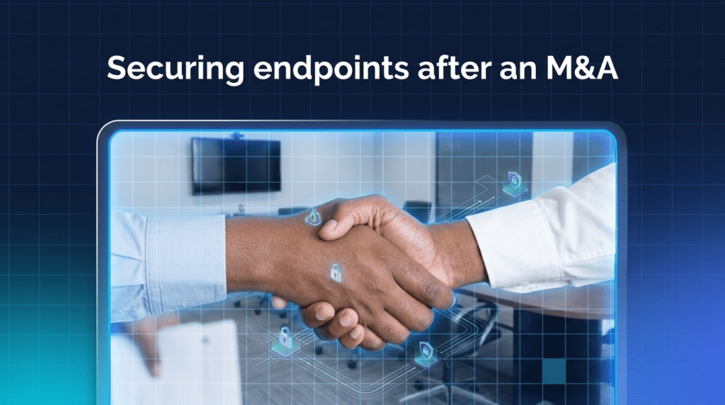 Photo of a business handshake, captioned 'Securing endpoints after an M&A'