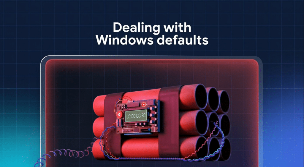 Text reading “Dealing with Windows defaults” above a bundle of dynamite sticks with a digital timer, illustrating OS security risks.