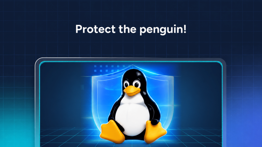 The Tux Linux penguin mascot centered in front of a glowing blue Linux security shield, with the text “Protect the penguin!” above.