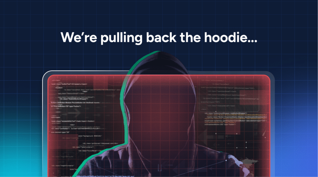 A silhouette of a person in a hooded sweatshirt against a background of red computer code, with the text “We’re pulling back the hoodie...” reflecting a Black Basta ransomware investigation.