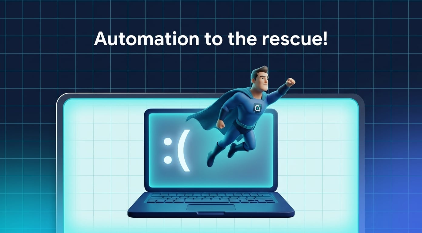 A superhero flies out of a laptop screen displaying a blue error sad face icon during the CrowdStrike outage, with the text “Automation to the rescue!” above.