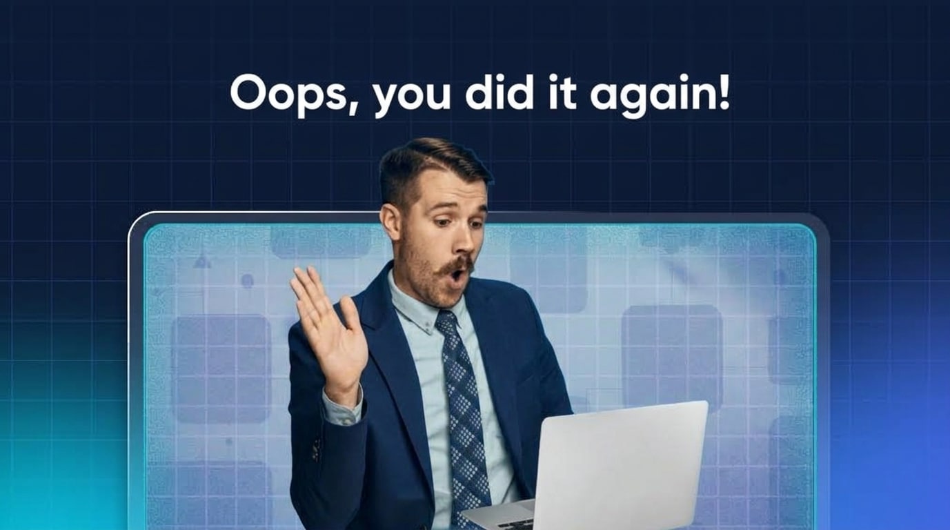 A businessman surprised by his latest configuration errors sitting at a laptop inside a glowing digital frame under the text 'Oops, you did it again!