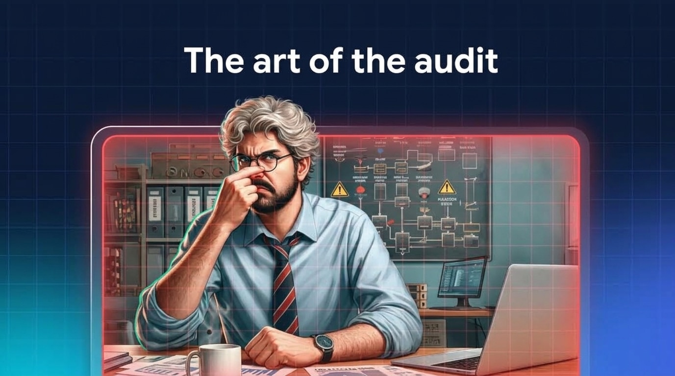 Graphic titled 'The art of the audit' featuring a frustrated security compliance auditor at his desk surrounded by files and flowcharts.