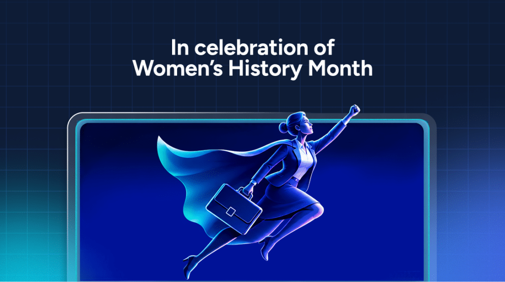 Text reading “In celebration of Women’s History Month” above an illustration of a businesswoman in a suit and cape flying like a superhero while carrying a briefcase, representing women in security.