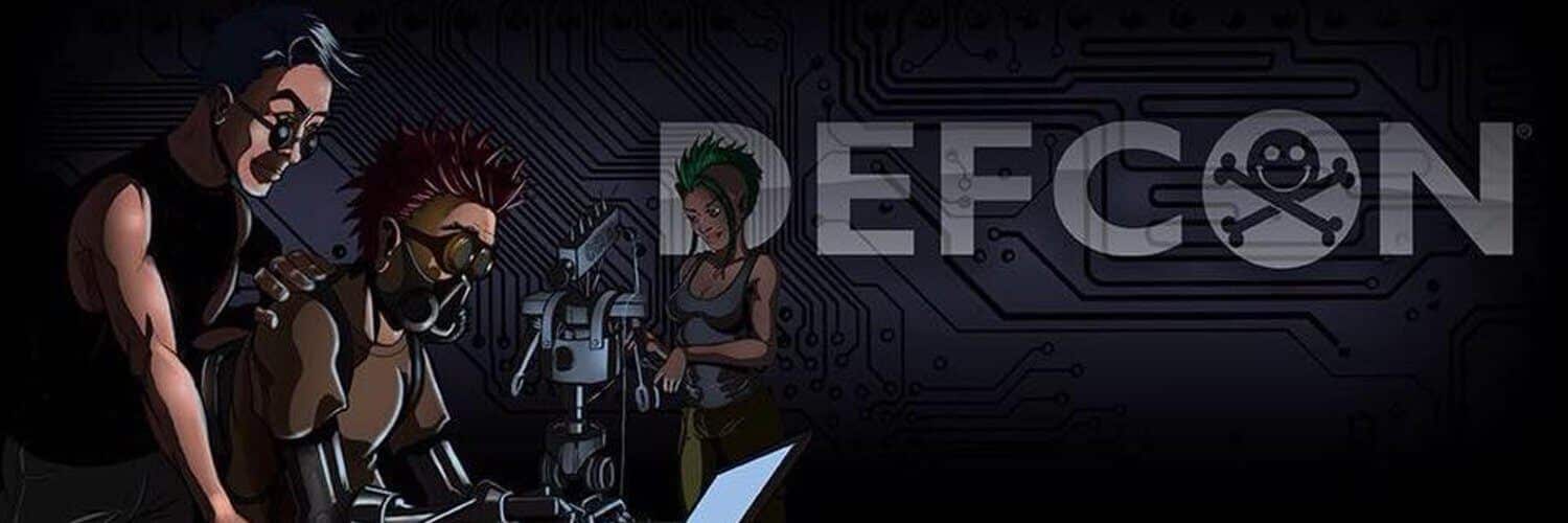 Three animated figures work at computers in a dark, tech-themed setting reminiscent of high-profile cybersecurity conferences. The word "DEFCON" with a skull and crossbones overlaps a circuit board background.