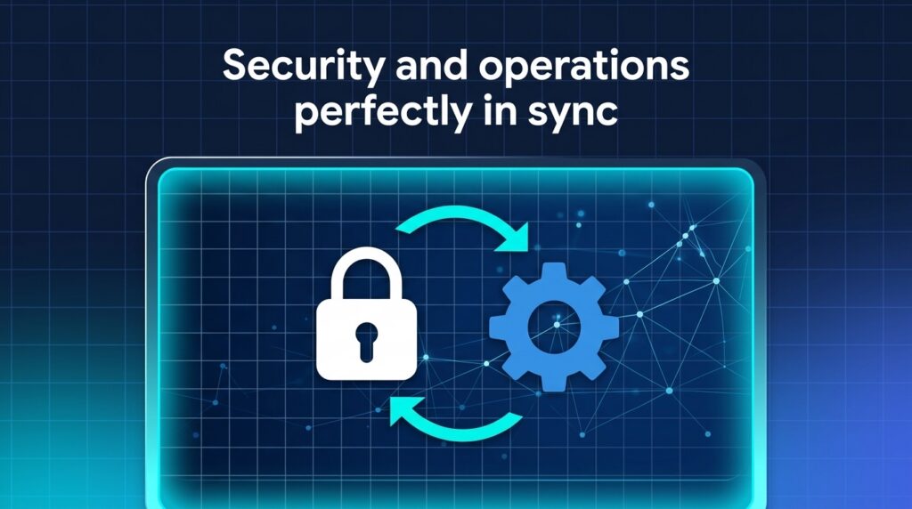 Illustration of a lock and gear connected by sync arrows, captioned 'Security and operations perfectly in sync'