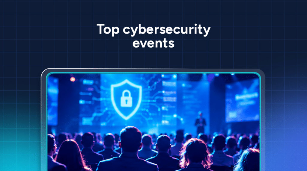An audience faces a large screen displaying a glowing digital shield icon with a padlock, captioned “Top cybersecurity conferences.”