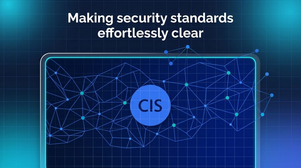 Configuration compliance banner illustration featuring a central CIS benchmark node network within a neon blue cyber container against a grid background.