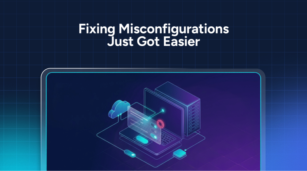 “Fixing Misconfigurations Just Got Easier” above a digital illustration of a laptop connected to a cloud icon and server for AWS Marketplace security.