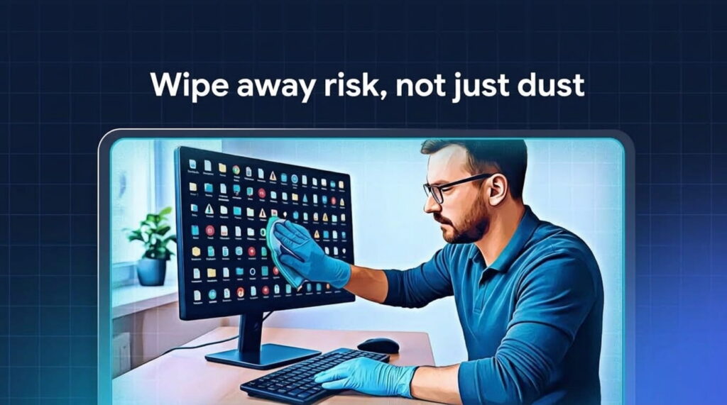 A man wearing gloves wipes a computer monitor with a cloth; the screen shows many icons. Text above reads, “Wipe away risk, not just dust”—a reminder that good cyber hygiene is just as important as keeping your workspace clean.