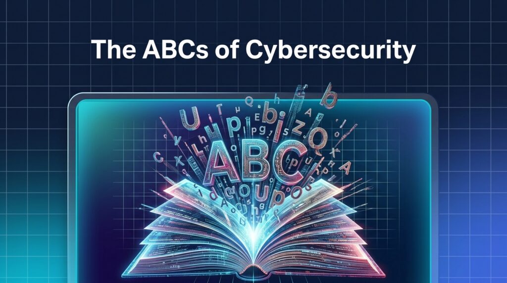 Glowing open book displaying 3D letters ABC inside a digital blue frame for a cybersecurity dictionary guide