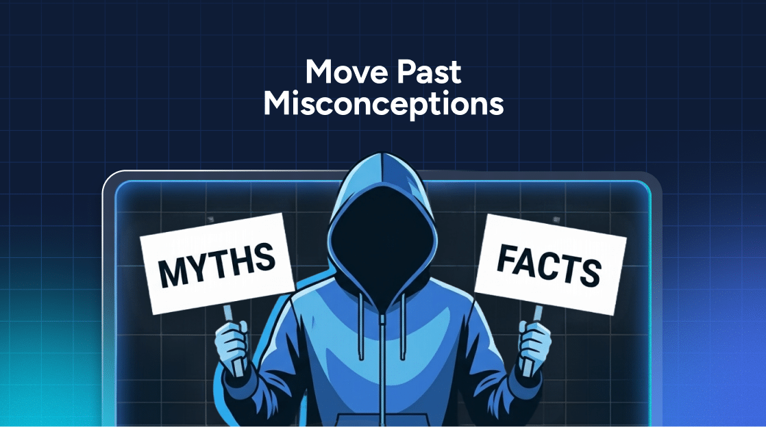 Graphic of a hooded figure holding signs that read “MYTHS” and “FACTS” under the text “Move Past Misconceptions” to address cybersecurity myths.