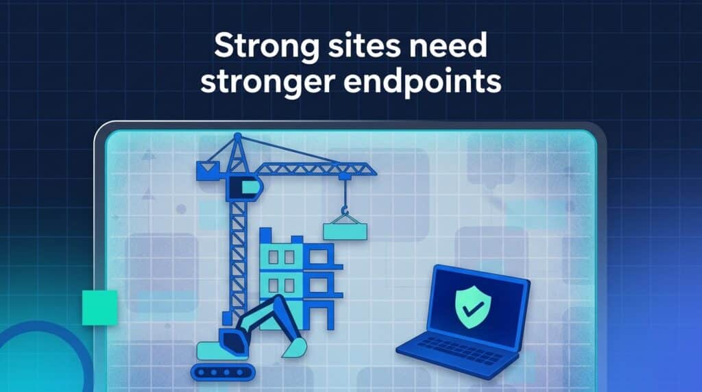 Graphic illustration of construction cybersecurity featuring a crane, excavator, and secure laptop inside a dark blue template frame.