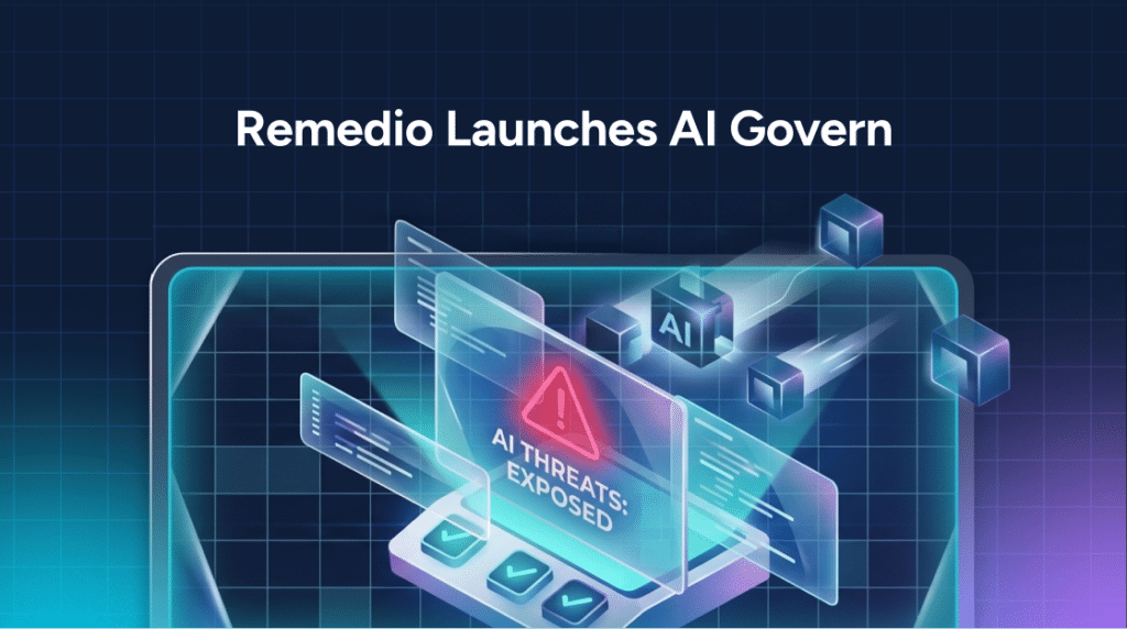 Remedio Launches AI Govern: a graphic displaying a digital interface with a warning sign reading “AI THREATS: EXPOSED” alongside floating cubes labeled “AI” representing an AI attack surface.