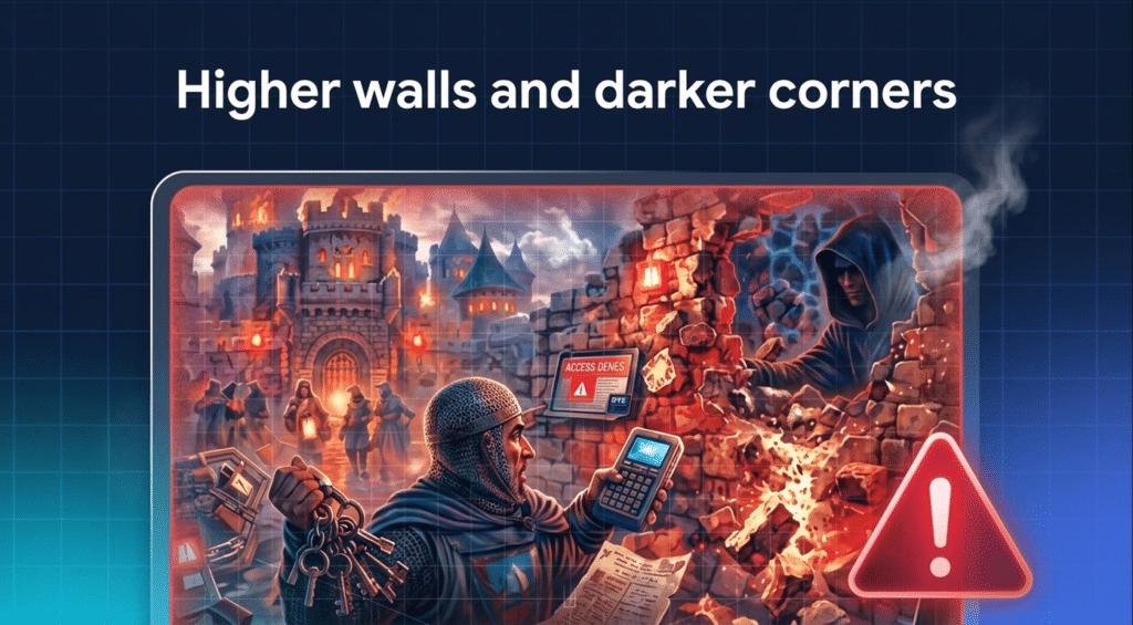 A knight with keys and a calculator faces a hooded figure by a crumbling wall, illustrating a security paradox beneath the text “Higher walls and darker corners” and an access denied warning.