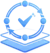 Blue checkmark inside a circular arrow, above layered rectangles, symbolizing verification or completion in a repeated process.