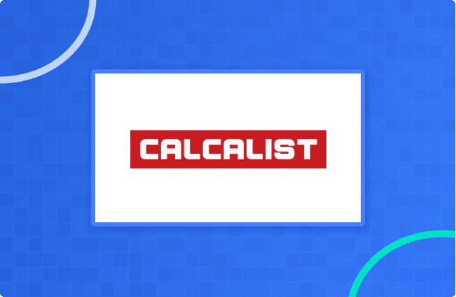 The image shows the "Calcalist" logo in white text on a red rectangle, centered on a blue background with circular and grid patterns.
