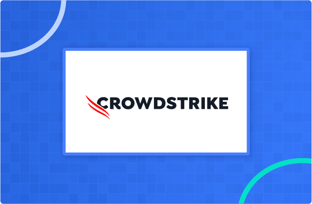 CrowdStrike logo with black text and three red claw marks on a white rectangle set against a blue background with circular design elements.