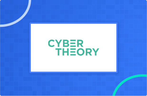 Logo reading "CYBER THEORY" in teal capital letters, centered on a white rectangle over a blue, grid-patterned background with curved lines.