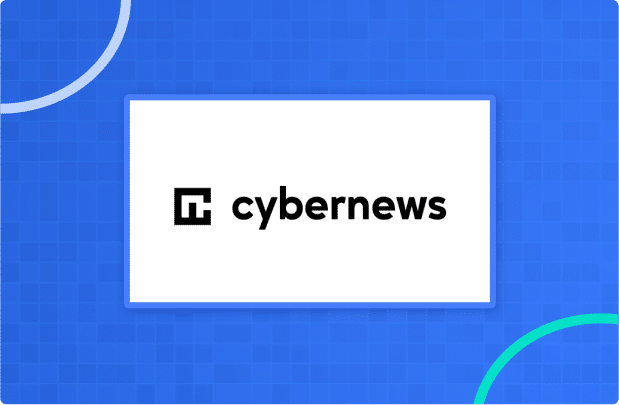 Cybernews logo in black text and icon on a white rectangle, centered on a blue patterned background with curved lines.