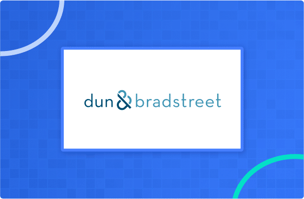 Dun & Bradstreet logo centered on a blue patterned background with white and green arcs in the corners.