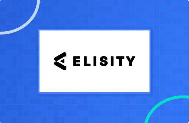 Elisity logo in black text with geometric icon on a white rectangle, set against a blue background with circular line accents.