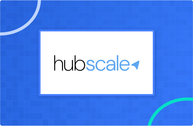The image shows the "hubscale" logo in black and light blue text on a white rectangle, set against a blue geometric background with curved line accents.