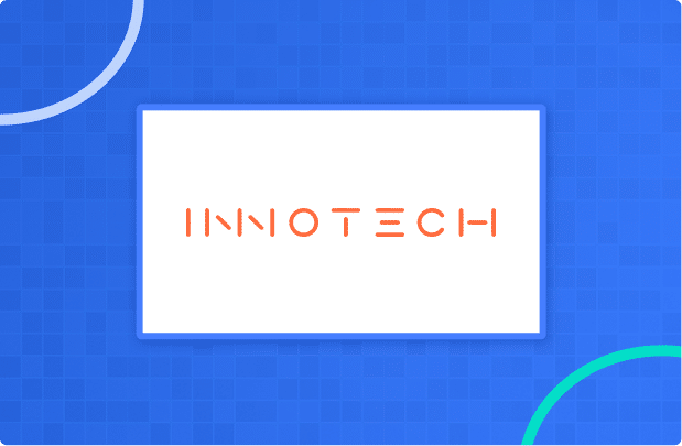 INNOTECH logo in orange text on a white rectangle, centered on a blue geometric patterned background with cyan and white curved lines.
