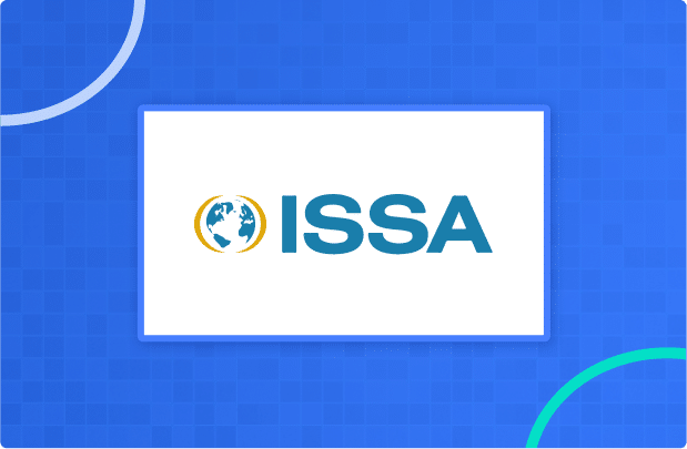 ISSA logo on a white rectangle, featuring a stylized globe and blue text, set against a blue background with subtle grid and curved accents.