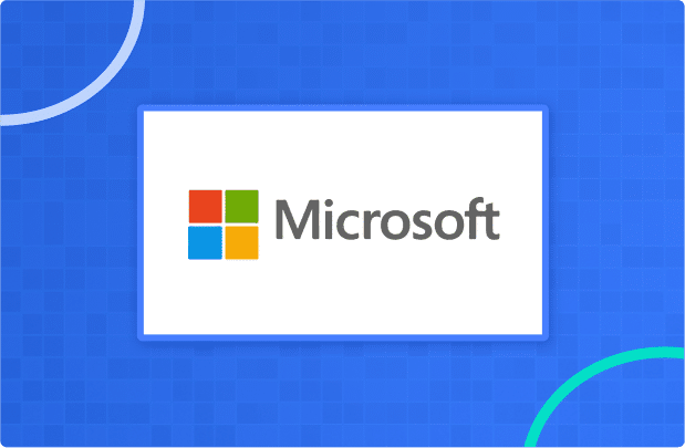 Microsoft logo with four colored squares and the word "Microsoft" on a white rectangle, set against a blue background with circular accents.
