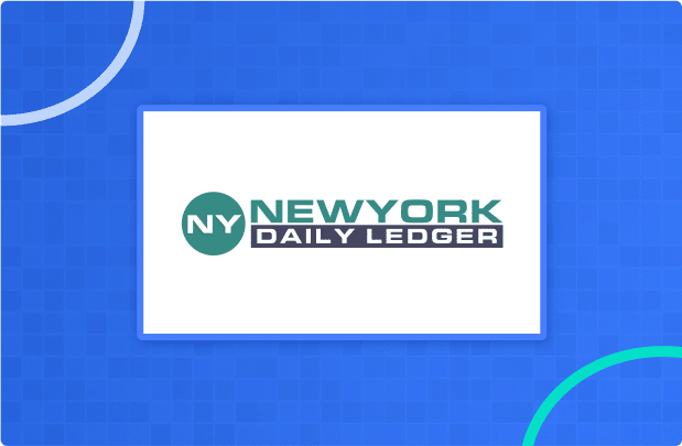 Logo for “New York Daily Ledger” with teal and navy text on a white rectangle, set against a blue background with circular design elements.