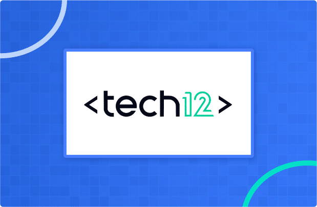 The image shows a logo with the text "" on a white rectangle, set against a blue background with geometric accents.