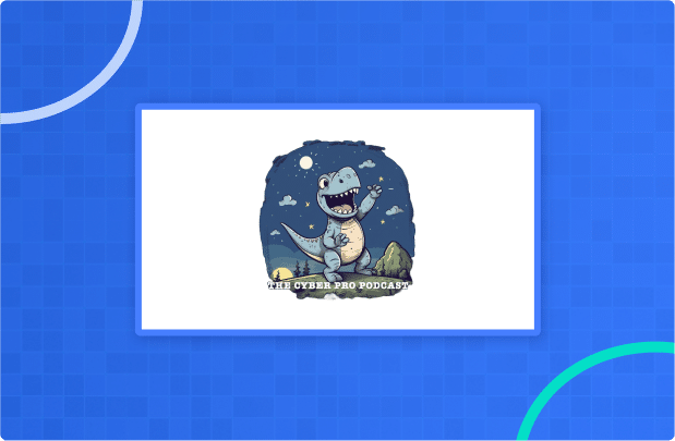 Illustration of a blue cartoon dinosaur holding a laptop with the text "The Cyber Pro Podcast" below, set against a simple graphic background.