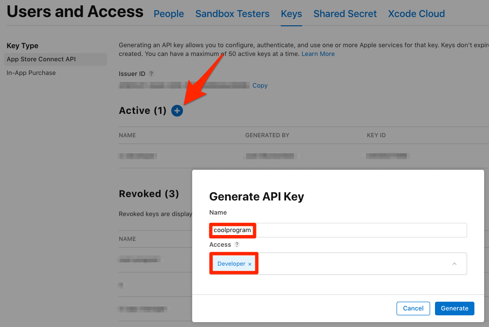A user fills out the "Generate API Key" form within the mac software package, entering a key name, Access level of 2, and selecting "Developer" before clicking the Generate button.