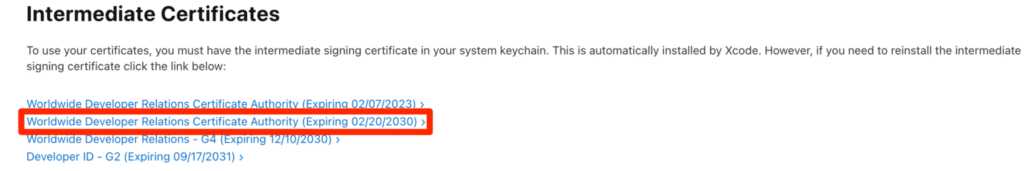 A webpage lists several intermediate certificates, with "Worldwide Developer Relations Certificate Authority (Expiring 02/20/2030)"—essential for verifying a mac software package—highlighted by a red box.