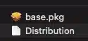 Screenshot shows two files on a dark background: one is "base.pkg" with a box icon, and the other is "Distribution" with a blank document icon, commonly found when working with a mac software package.