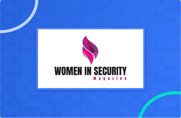 Logo for "Women in Security Magazine" with a pink abstract flame symbol, set against a blue geometric background with circular accents.