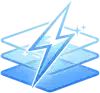 A blue lightning bolt icon appears over three stacked, semi-transparent blue rectangles on a white background.