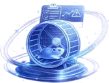 A small blue mouse runs on a hamster wheel with a digital display showing data and a warning symbol in the background.