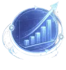 Blue digital icon showing a bar chart with four ascending bars and an upward-pointing arrow, symbolizing growth or progress.