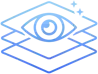 Blue line art of an eye centered over three layered rectangles with two stars in the top right corner, on a light background.