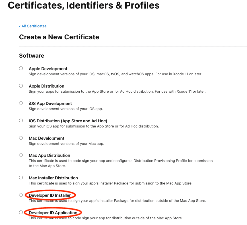 A webpage lists certificate types for Apple development, with "Developer ID Installer" and "Developer ID Application" options circled in red, highlighting their importance when distributing a mac software package.