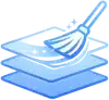 Illustration of three transparent blue layers with a broom sweeping across the top layer, suggesting cleaning or clearing of digital files.