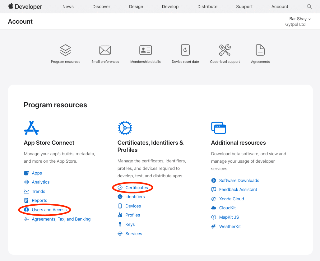 Apple Developer account page showing program resources, with "Certificates" and "Users and Access" options circled in red under respective sections—essential steps for managing your mac software package distribution.