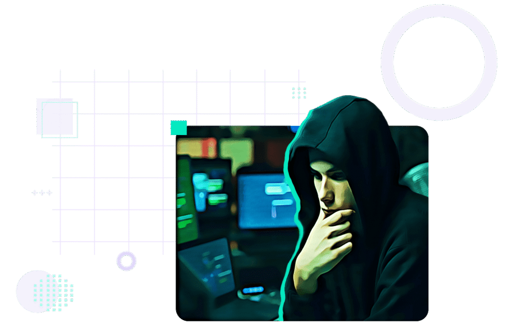 Person in a dark hoodie sits in front of computer monitors, appearing deep in thought, with a hand on their chin. Digital interface graphics are visible in the background.