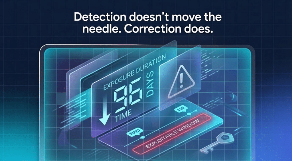 Graphic reading: “Detection doesn’t move the needle. Correction does.” An interface shows a 96-day exposure duration, a warning icon, and an “Exploitable window” button, highlighting mean time to remediate.