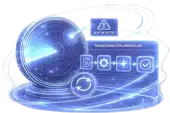 A blue digital radar screen with circular waves, warning icon, and icons for settings, sync, and checklist, representing technology or cybersecurity.